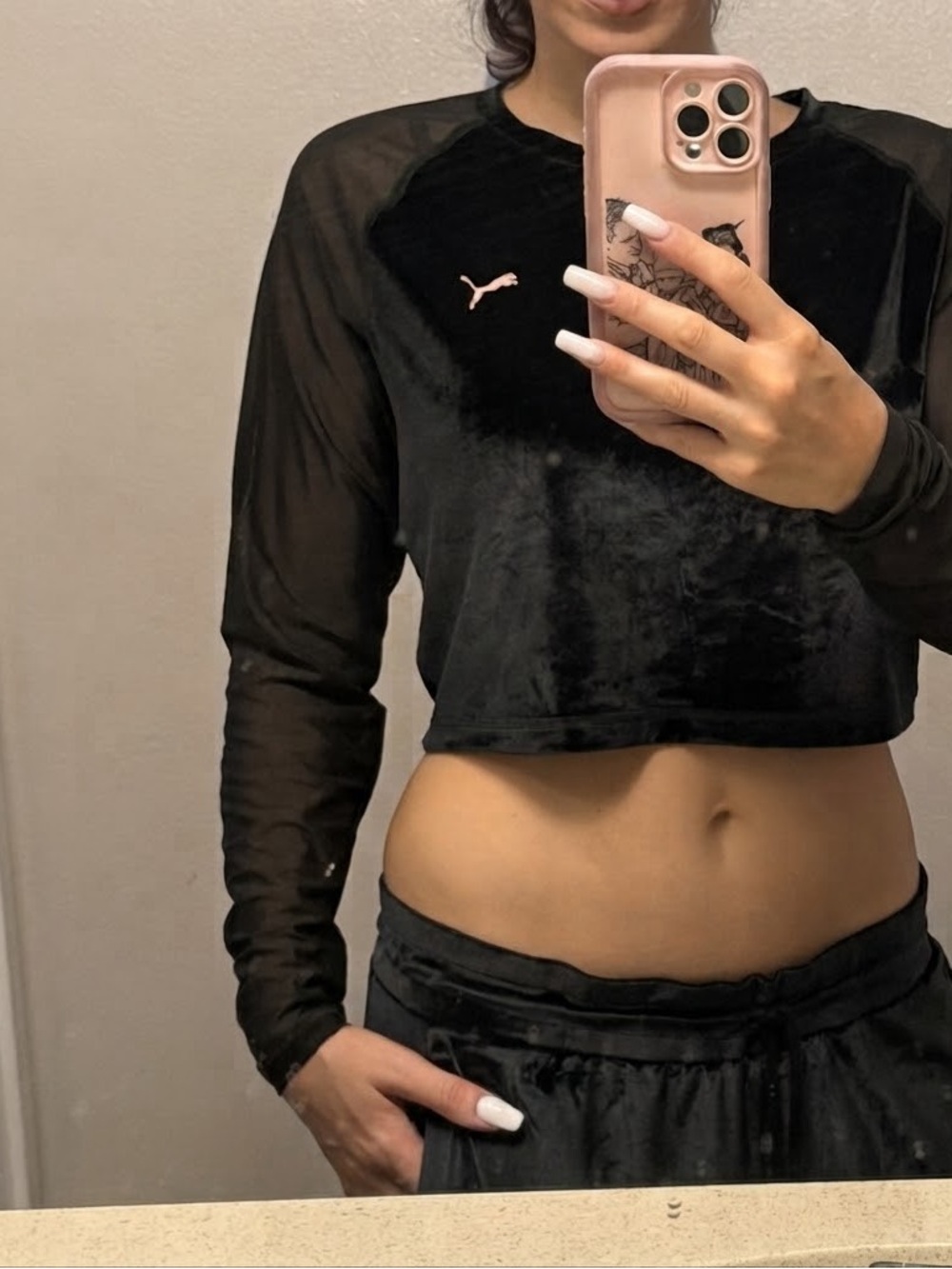 Puma Black Velvet Cropped Long-Sleeve Top with Pink Logo